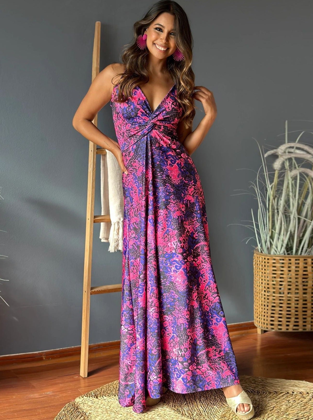 Elegant V-Neck Printed Twisted Chic Long A-Line Dress