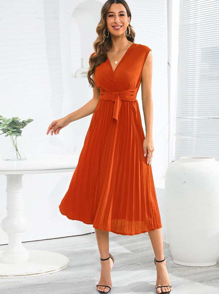 Summer Sleeveless V-Neck Slim Pleated Dress