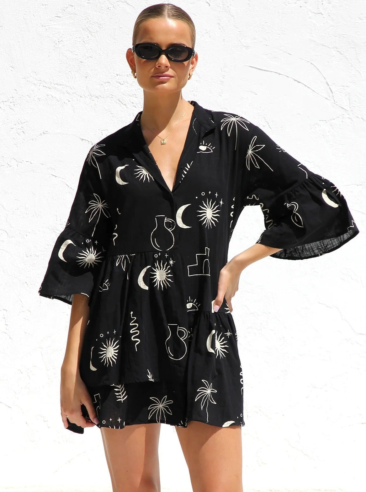 Simple Black Ethnic Style Loose Shirt Short Dress