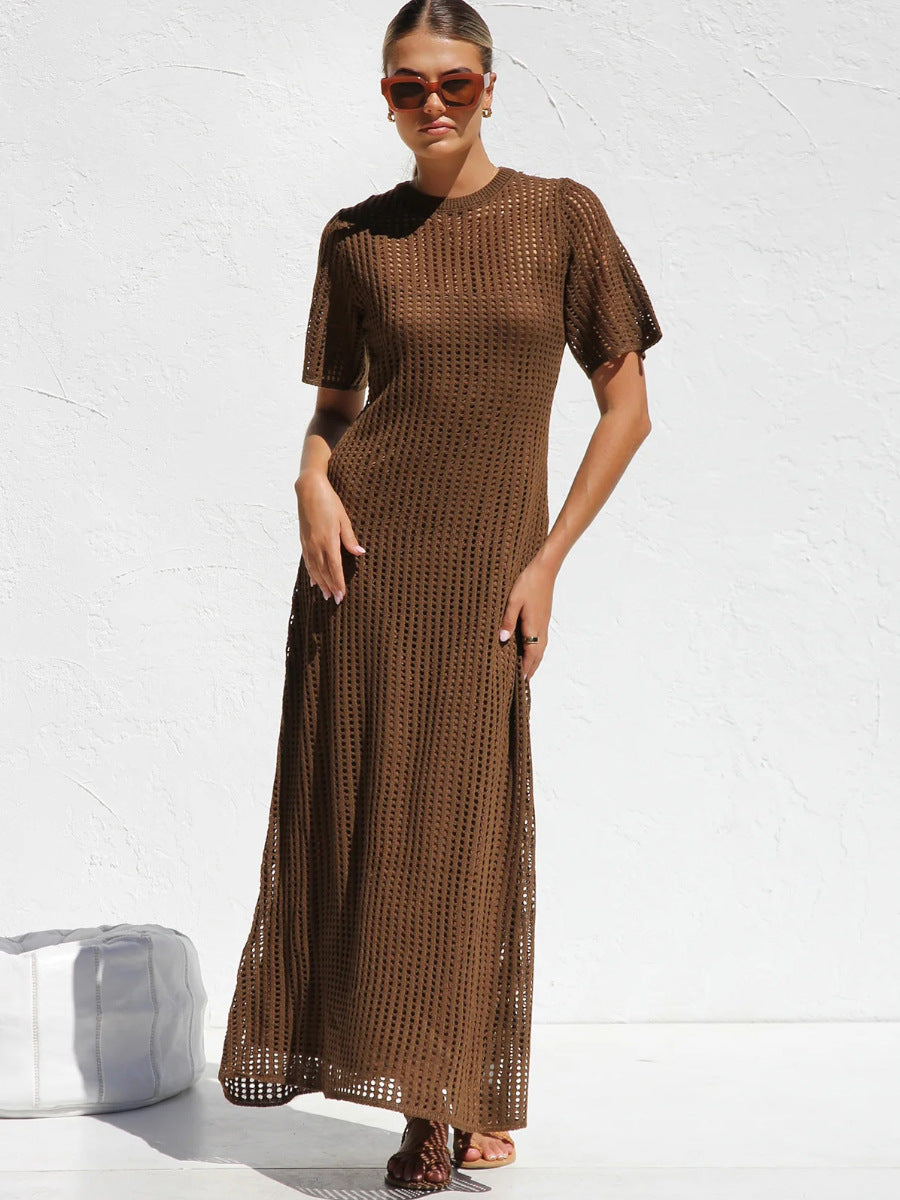 Brown Casual Round Neck Short Sleeve Hollow Mid-Length Dress