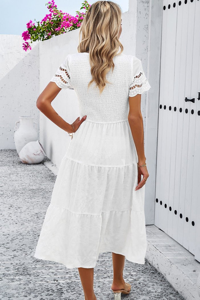 White Casual Solid Crochet Lace Sleeve A-Line Midi Dress