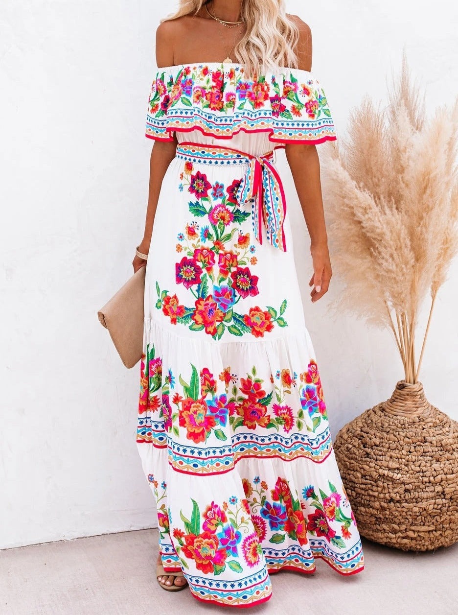 White Floral Retro Printed Off Shoulder Maxi Dress