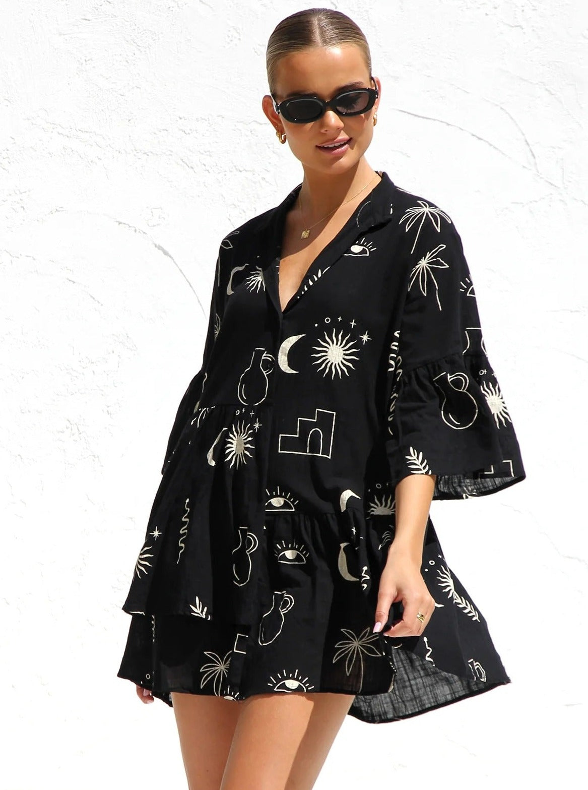 Simple Black Ethnic Style Loose Shirt Short Dress