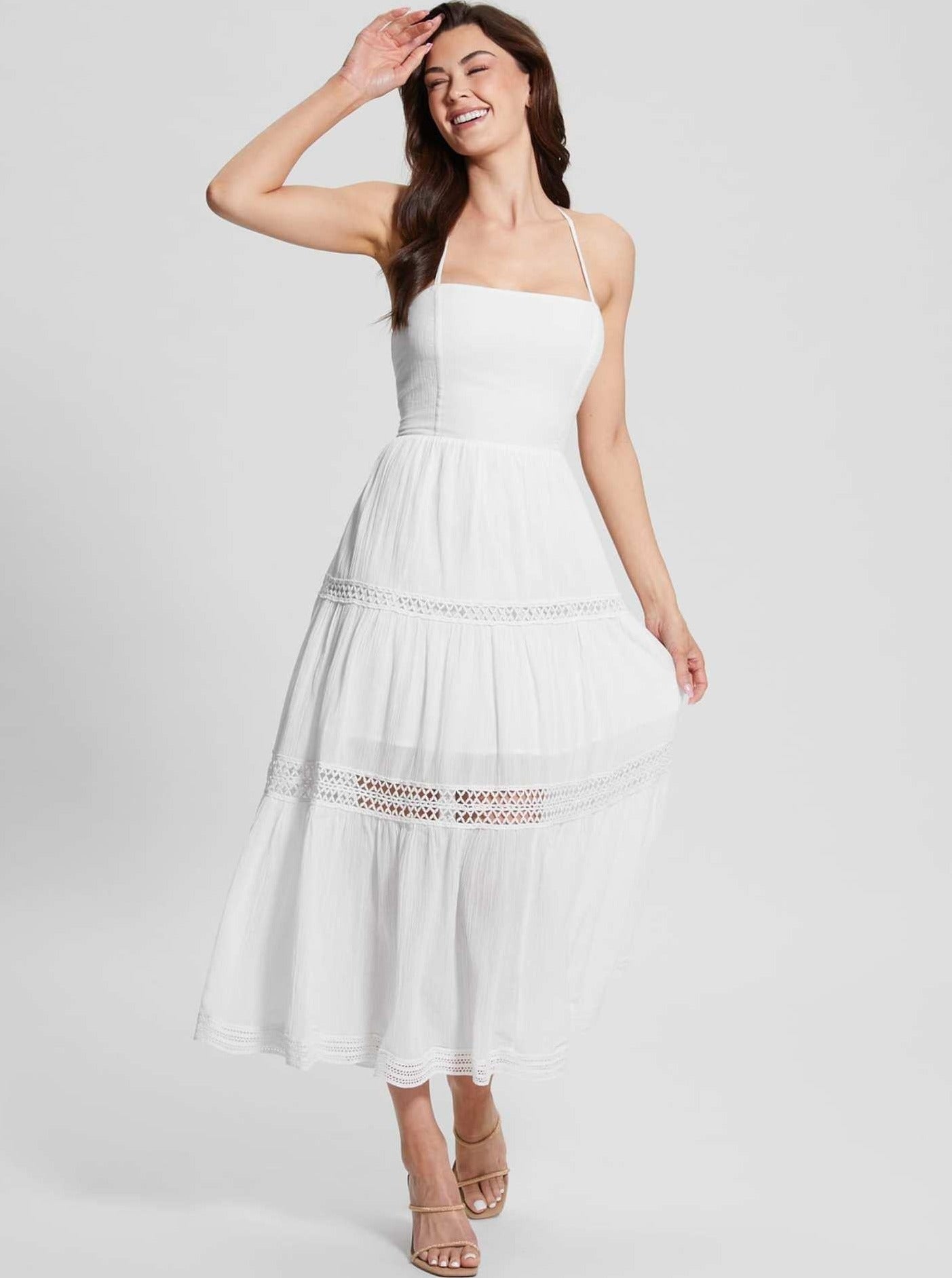 Weißes elegantes ärmelloses rückenfreies langes Kleid