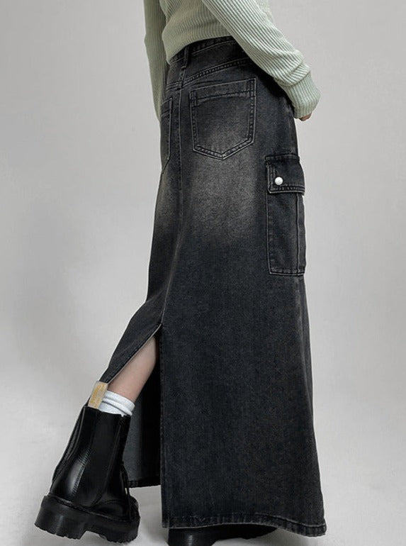 Retro Pocket Slit Washed Denim High Waist Skirt