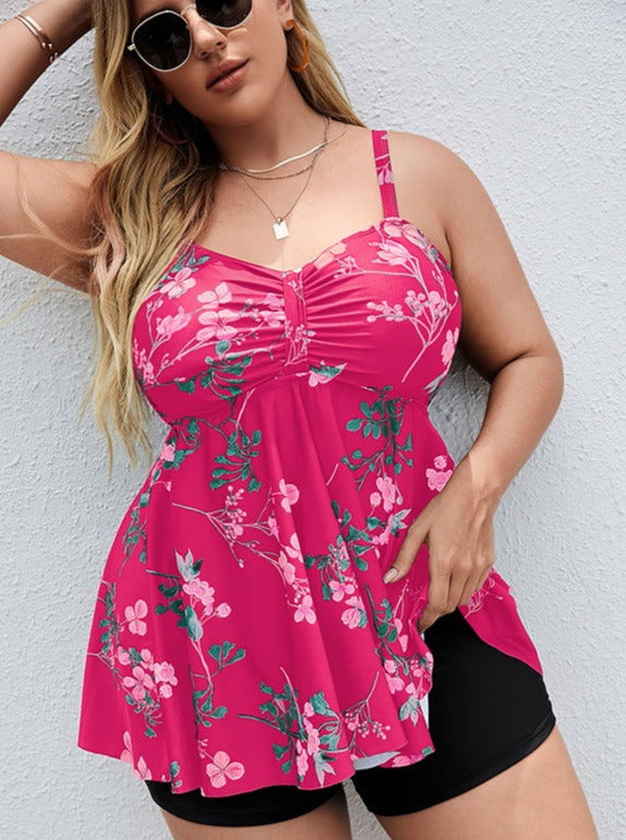 Curvy Rose Red Printed Patchwork Spaghetti Strap Tops