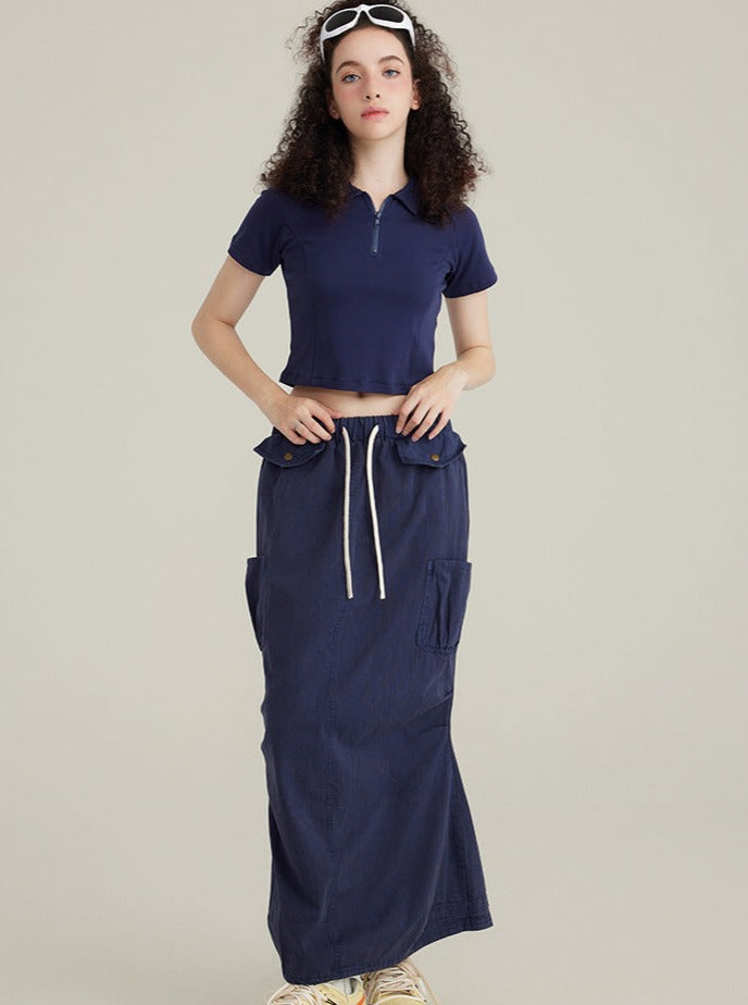 Blue Fashionable Semi-Open Lapel Short-Sleeved Top