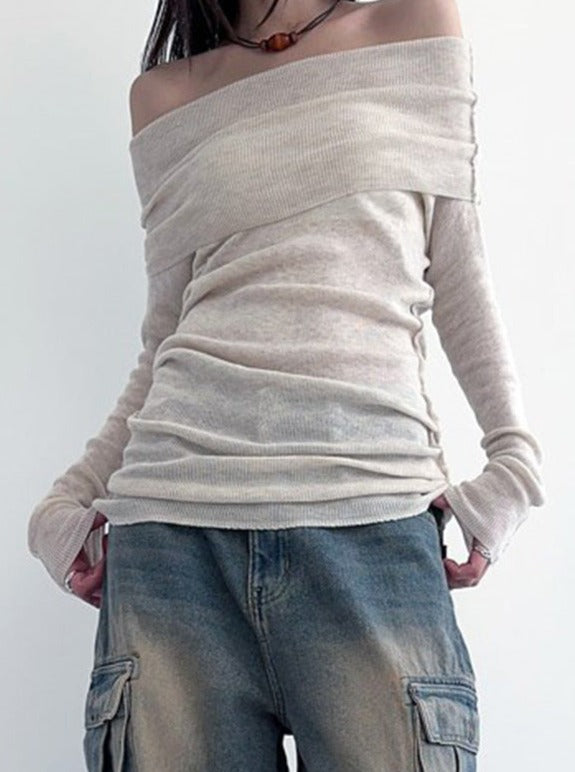 Camicia elegante in maglia tinta unita a maniche lunghe con spalle scoperte 