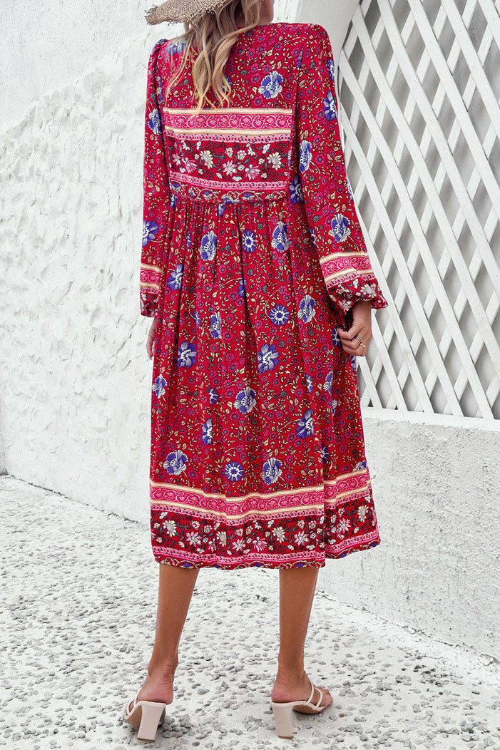 Stylish Floral Long Lantern Sleeve Midi Dress