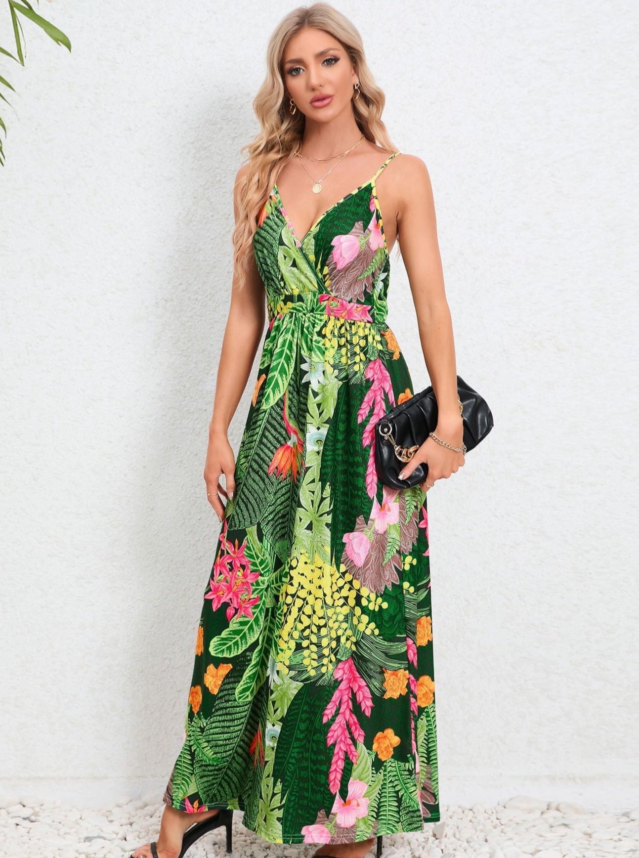 Dark Green Tropical Printed Long Dress