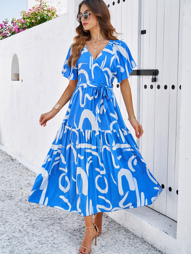 Blue Deep V-Neck Bohemian Flare Short Sleeve Dress