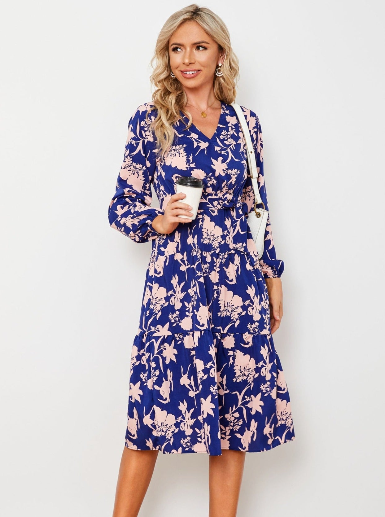 V-Neck Long Sleeve Tropical Printed Dress