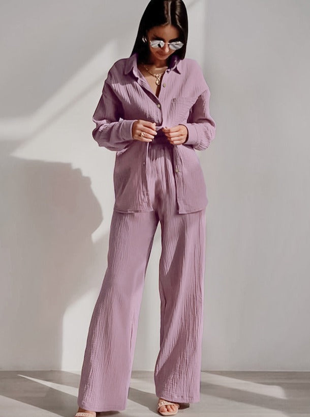 Collared Button Long Sleeve Crepe Pajama Home Wear Set