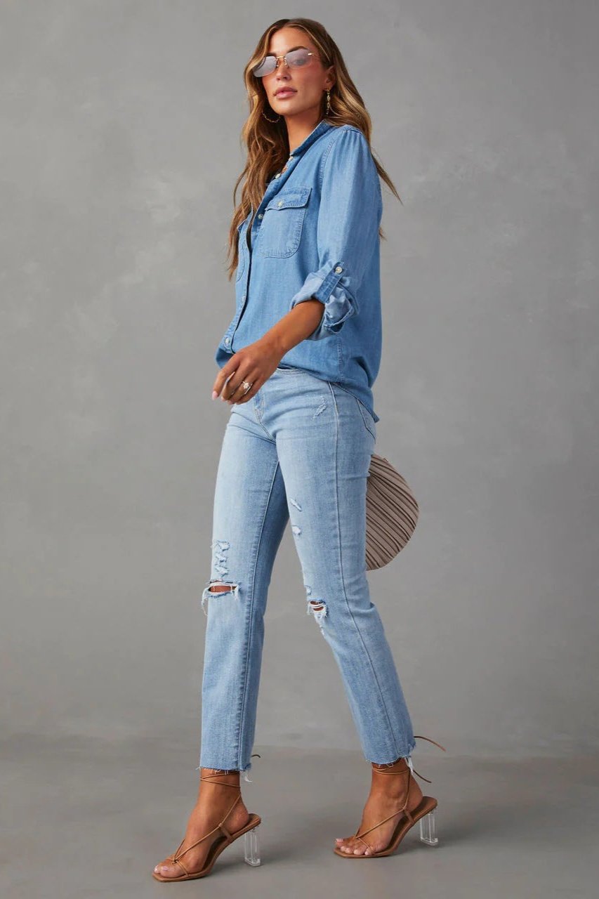 Deep Blue Long Sleeve Collared Denim Blouse