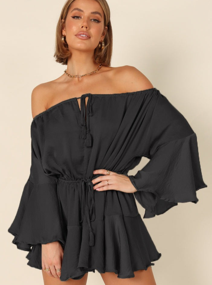 Sexy Black Bohemian Adjustable Off The Shoulder Bell Sleeve Dress