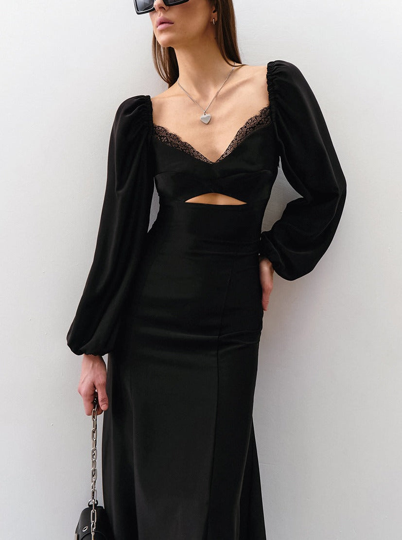 Sexy schwarzes Kleid mit Puffärmeln, Spitze und Aushöhlung