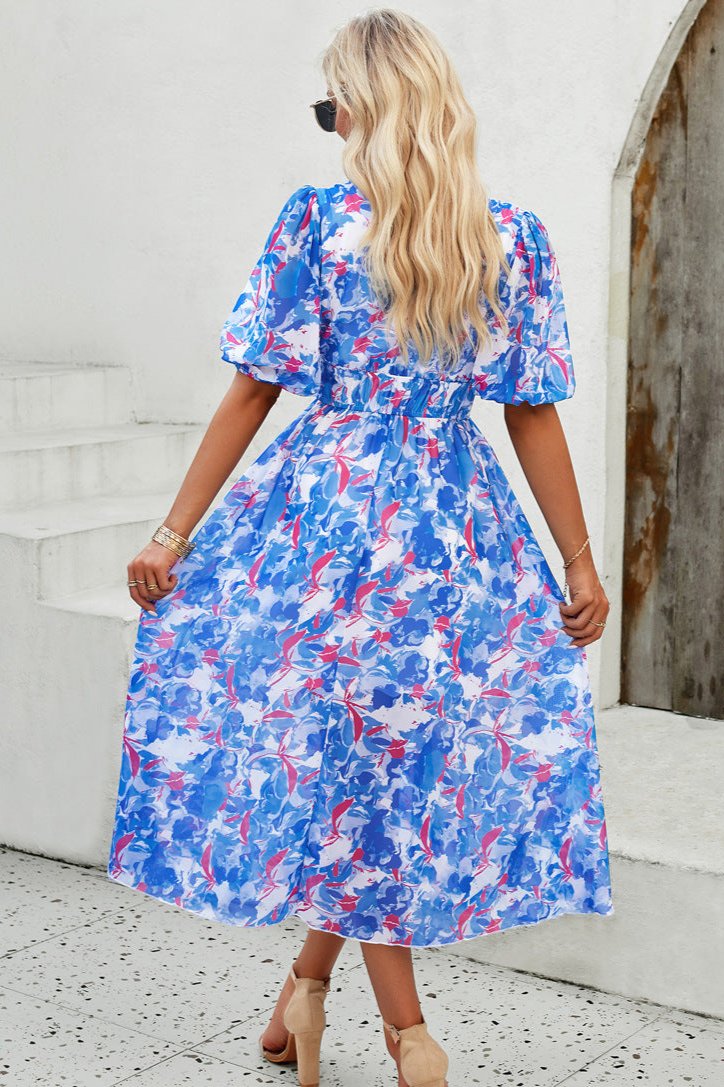 Blue Casual Floral V-Neck Puff Sleeve Midi Dress