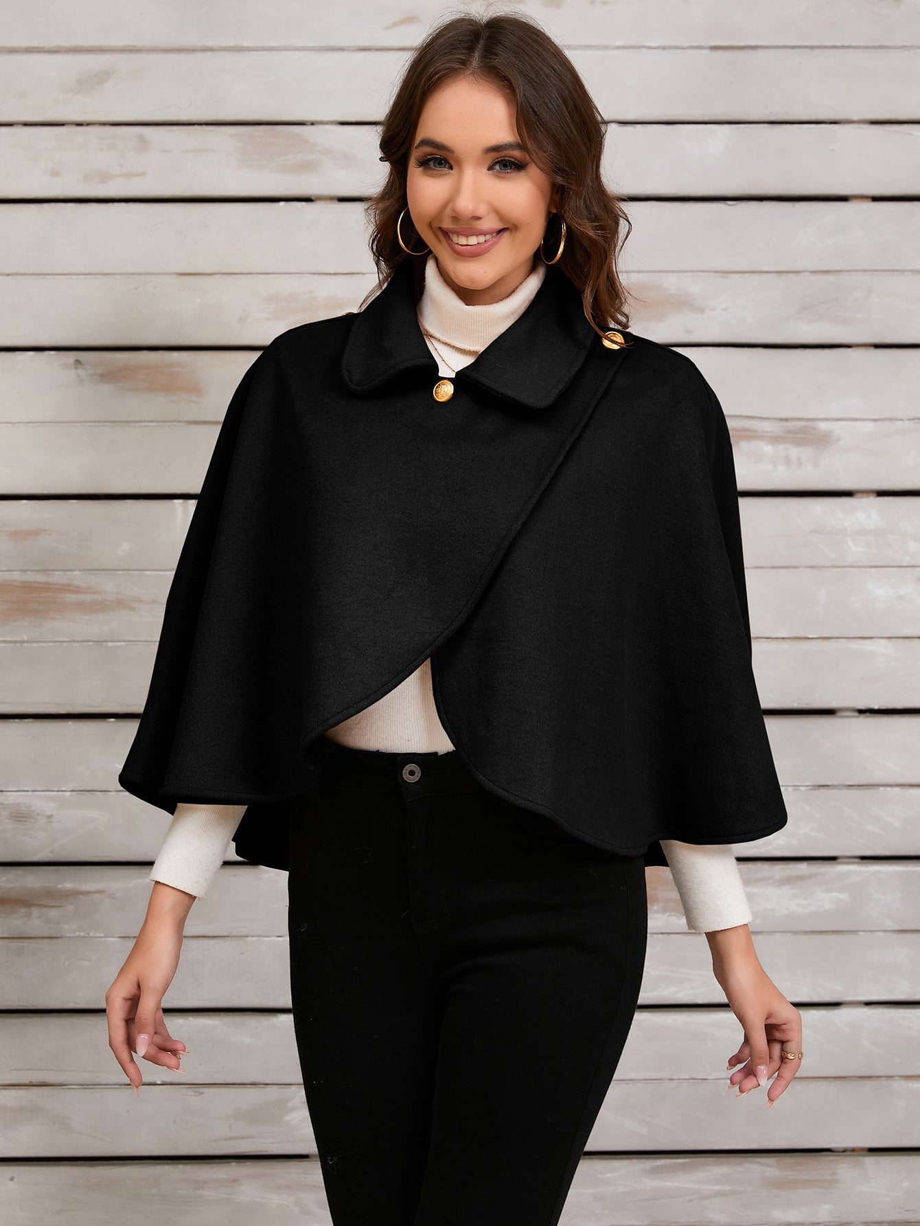 Chic Camel Cape with Elegant Gold Button for Sophisticated Occasions