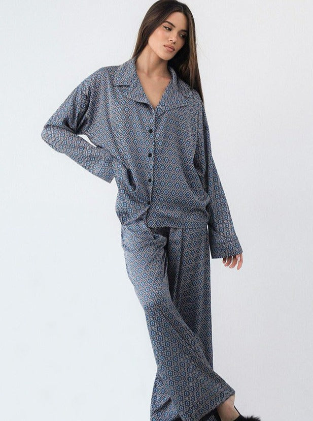 Allover Print Collared long Sleeve Shirt and Pants