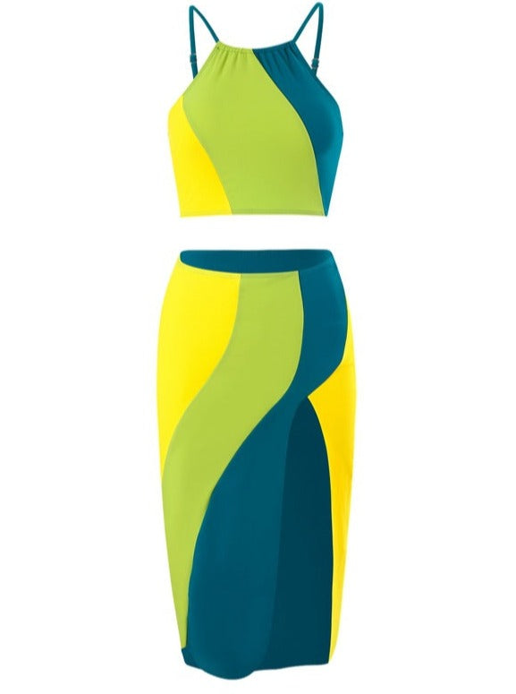 Monokini imbottito tricolore in 3 pezzi con set di costumi da bagno con gonna 