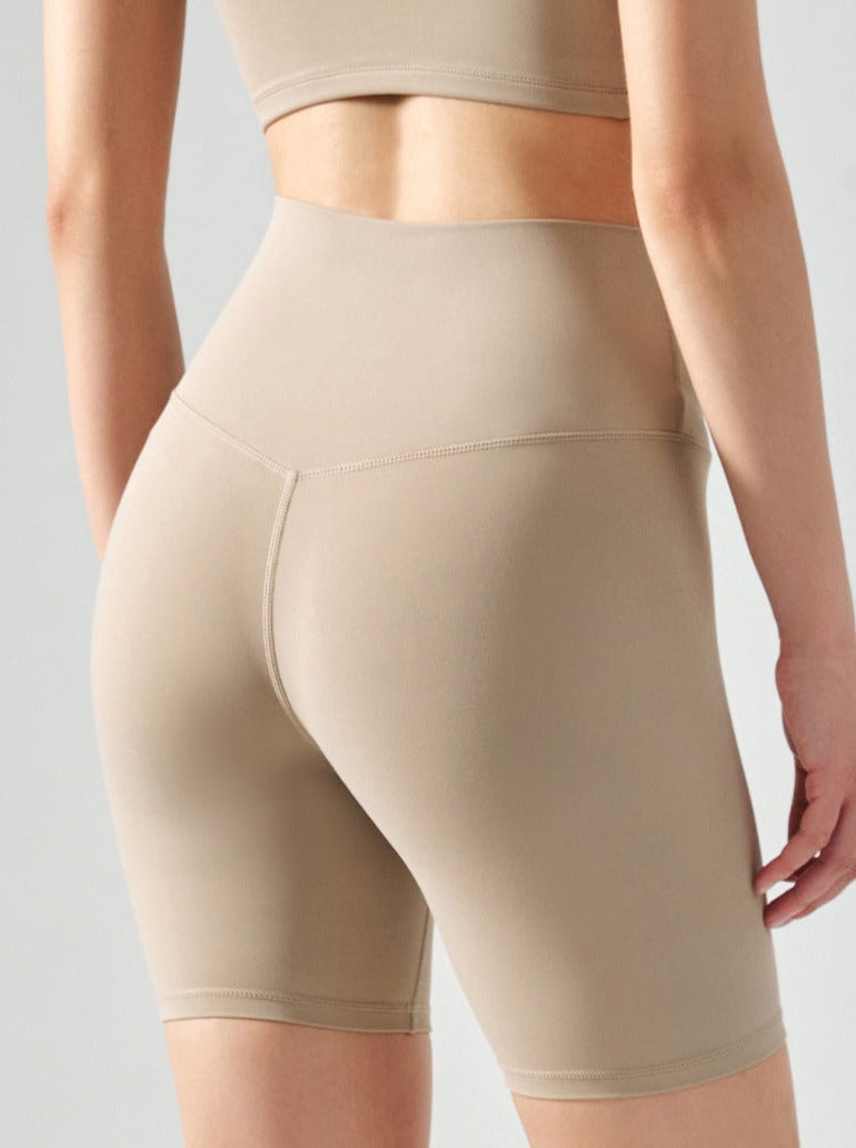 Khakifarbene, elastische, nahtlose Yoga-Fitnessshorts mit hoher Taille 