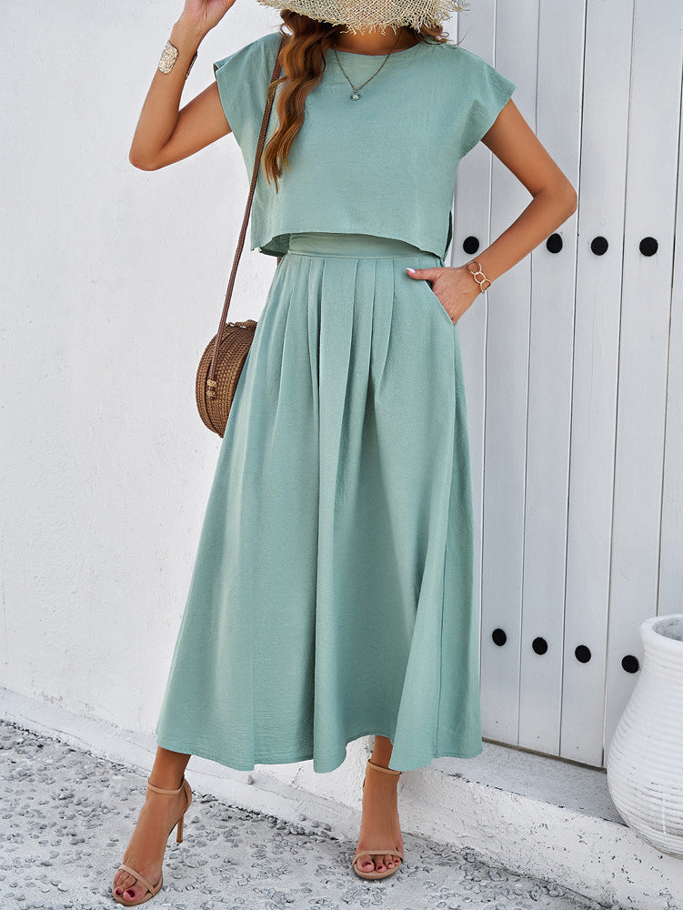 Sleeveless Top and Flared Long Skirt Green Suit