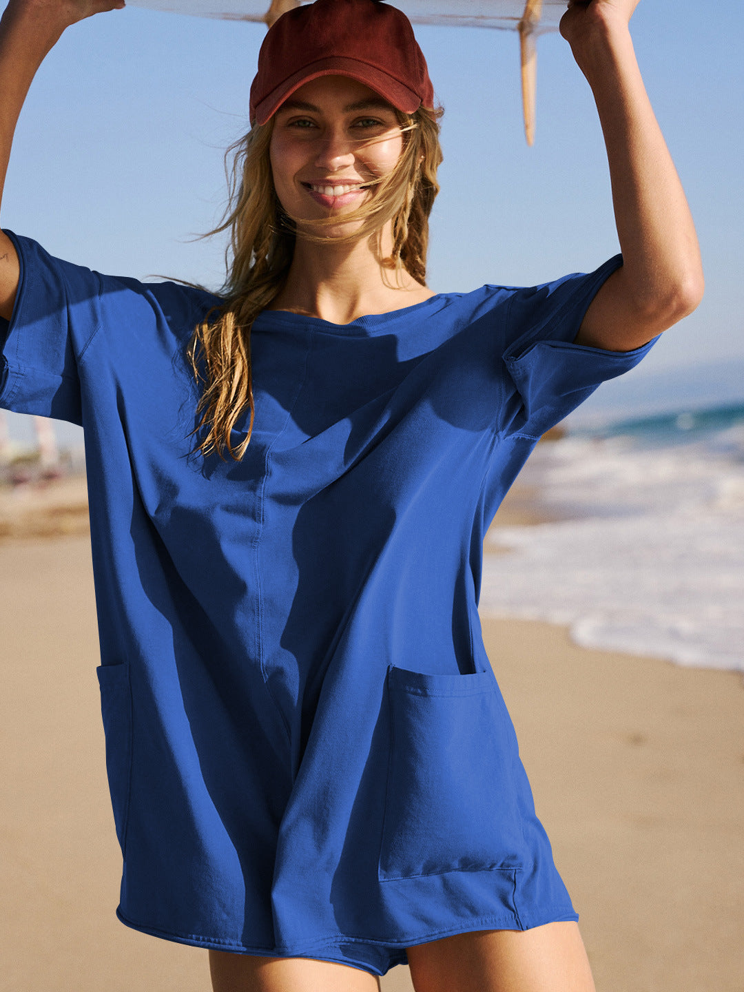 Blue Short Sleeve Pocketed Backless Rompers