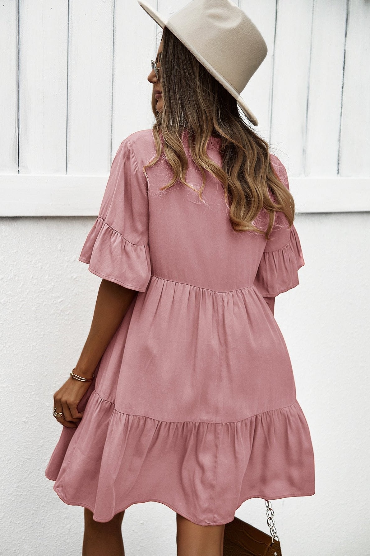 Pink Sexy Frill V-Neck Drawstring Tie Smock Dress