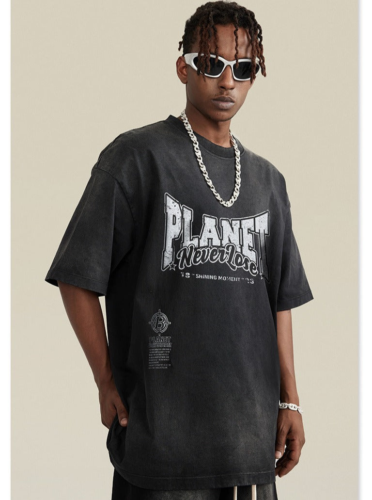 Übergroßes Hemd mit Spring Black Basic Planet-Print 