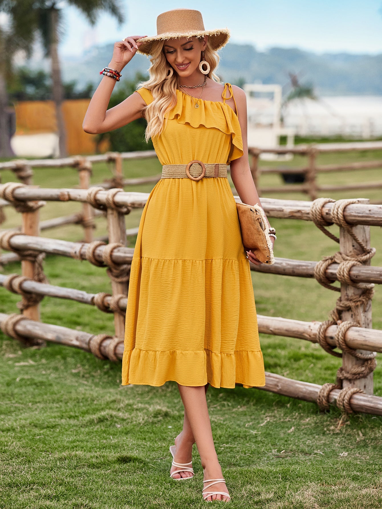 One Shoulder Solid Color Ruffled Layered Dress