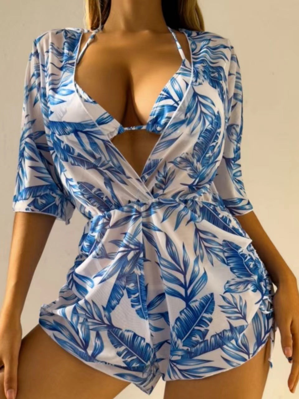 Blue Tropical Three Piece Sexy Bikini