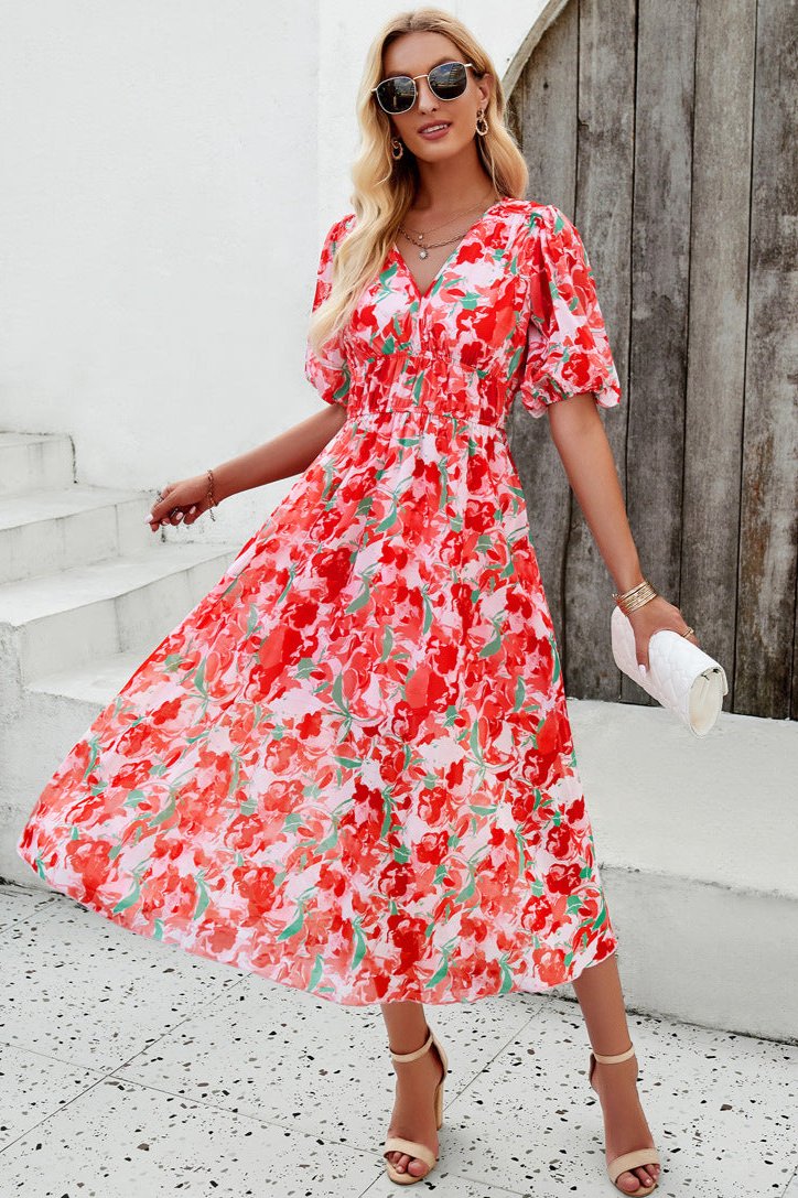 Red Casual Floral V-Neck Puff Sleeve Midi Dress