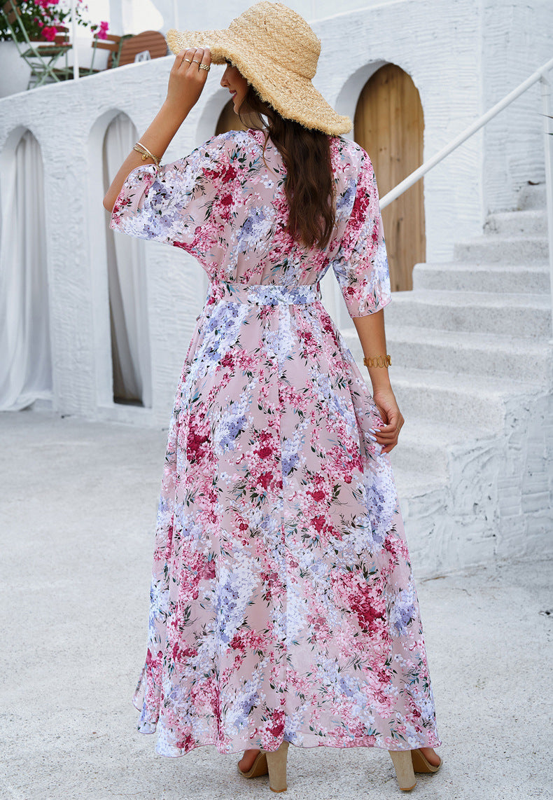 Floral Printed V-Neck Pleated Dress