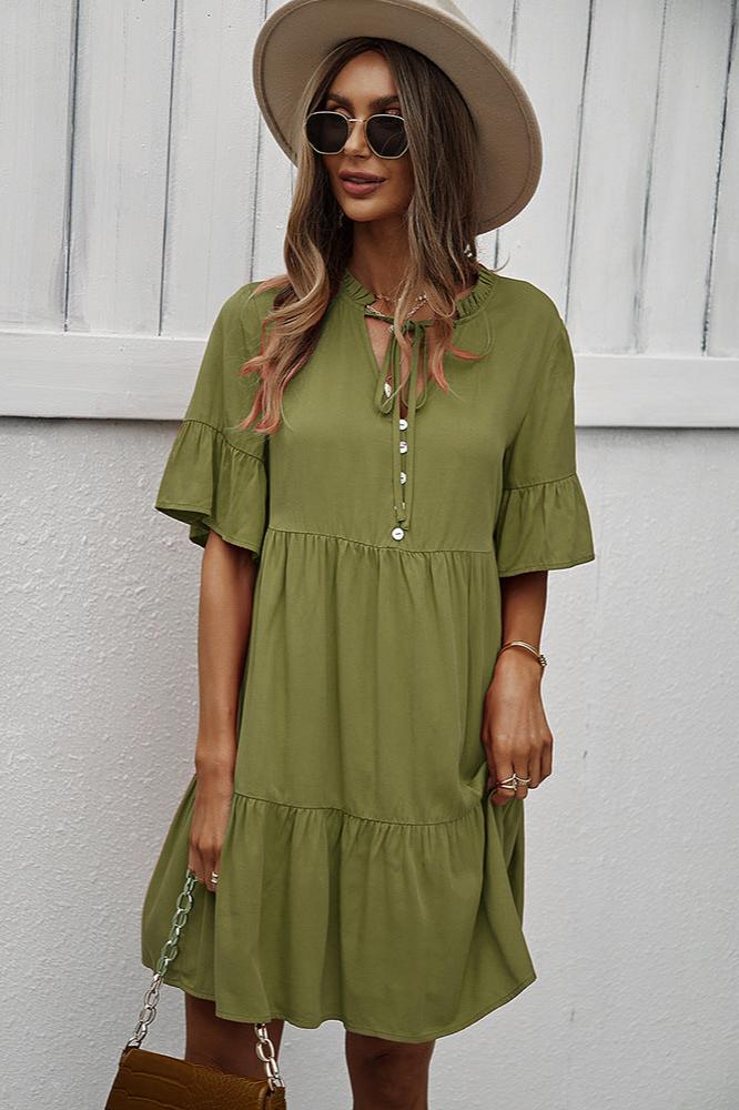 Green Sexy Frill V-Neck Drawstring Tie Smock Dress