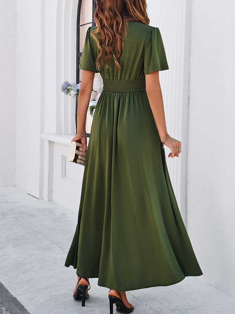 Solid Color Temperament Slit V-Neck Slim Dress