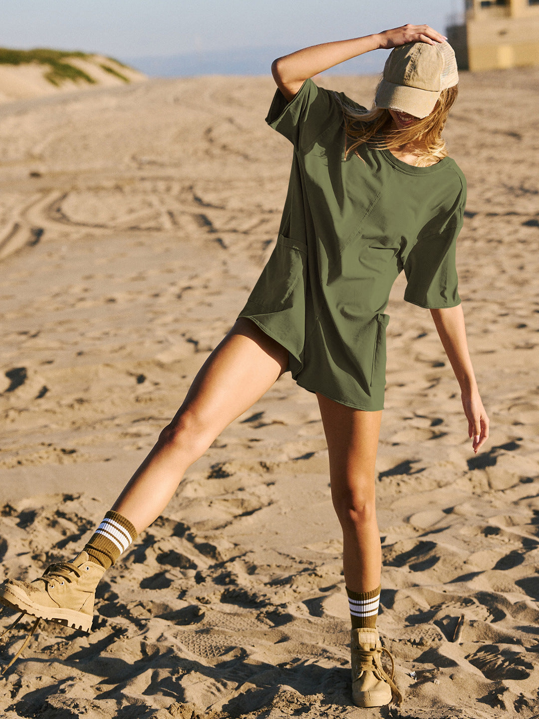 Army Green Short Sleeve Pocketed Backless Rompers