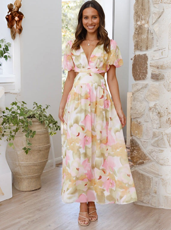 Elegant Floral Swing Backless Dress