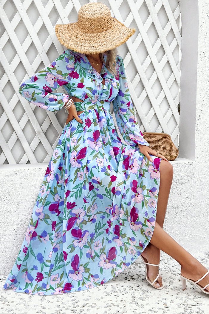 Long Sleeve Deep V-Neck Floral Maxi Dress