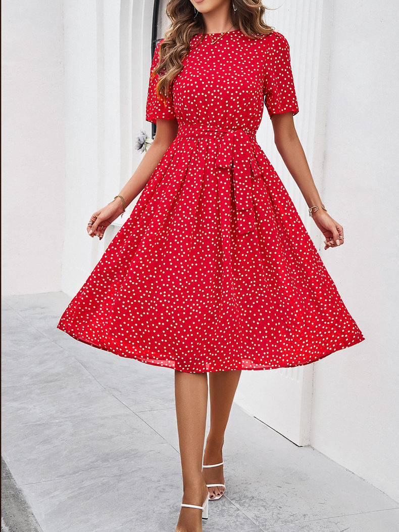 A-Linien-Kleid mit Rundhalsausschnitt und Retro-Polka-Dots-Print 