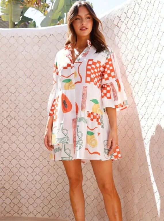 Simple Orange Ethnic Style Loose Shirt Short Dress