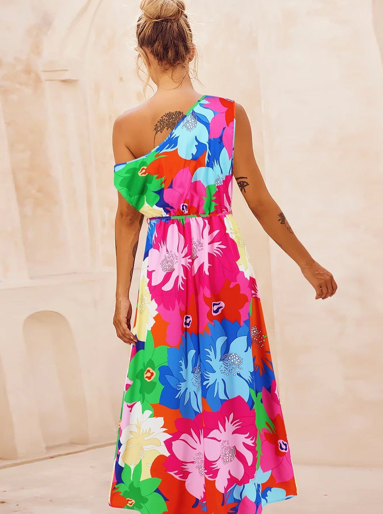 Floral Print Slant Shoulder Belted Long Dress