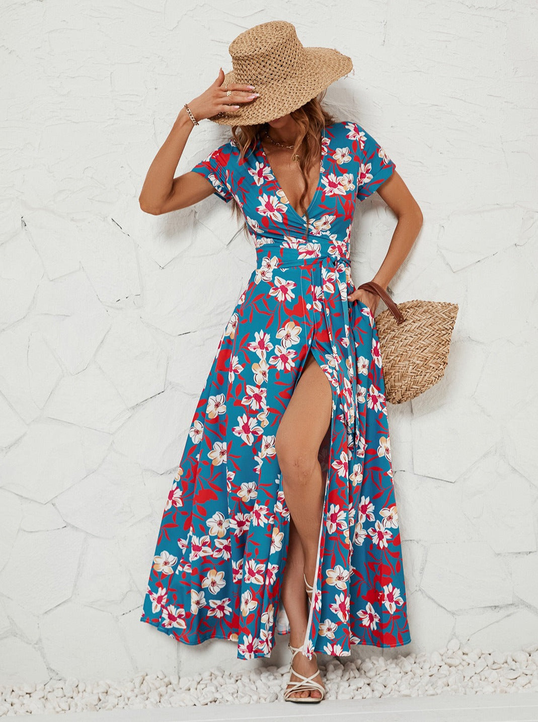 Floral Print V-Neck Short Sleeve Summer Maxi Dress
