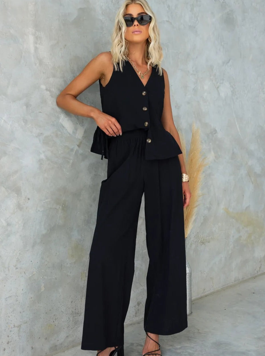 Fashionable Solid Color V-Neck Sleeveless Trouser Casual Suit