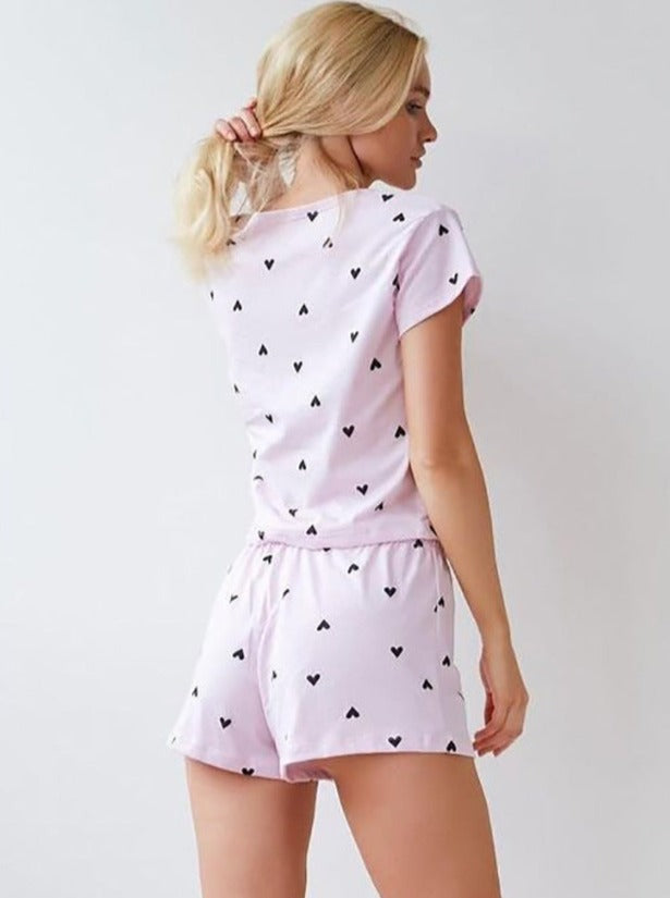 Two Piece Knitted Heart Print Short-Sleeved Shorts Set