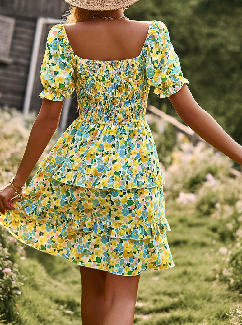 Yellow V-Neck Off Shoulder Floral Printed Cake Skirt Dress