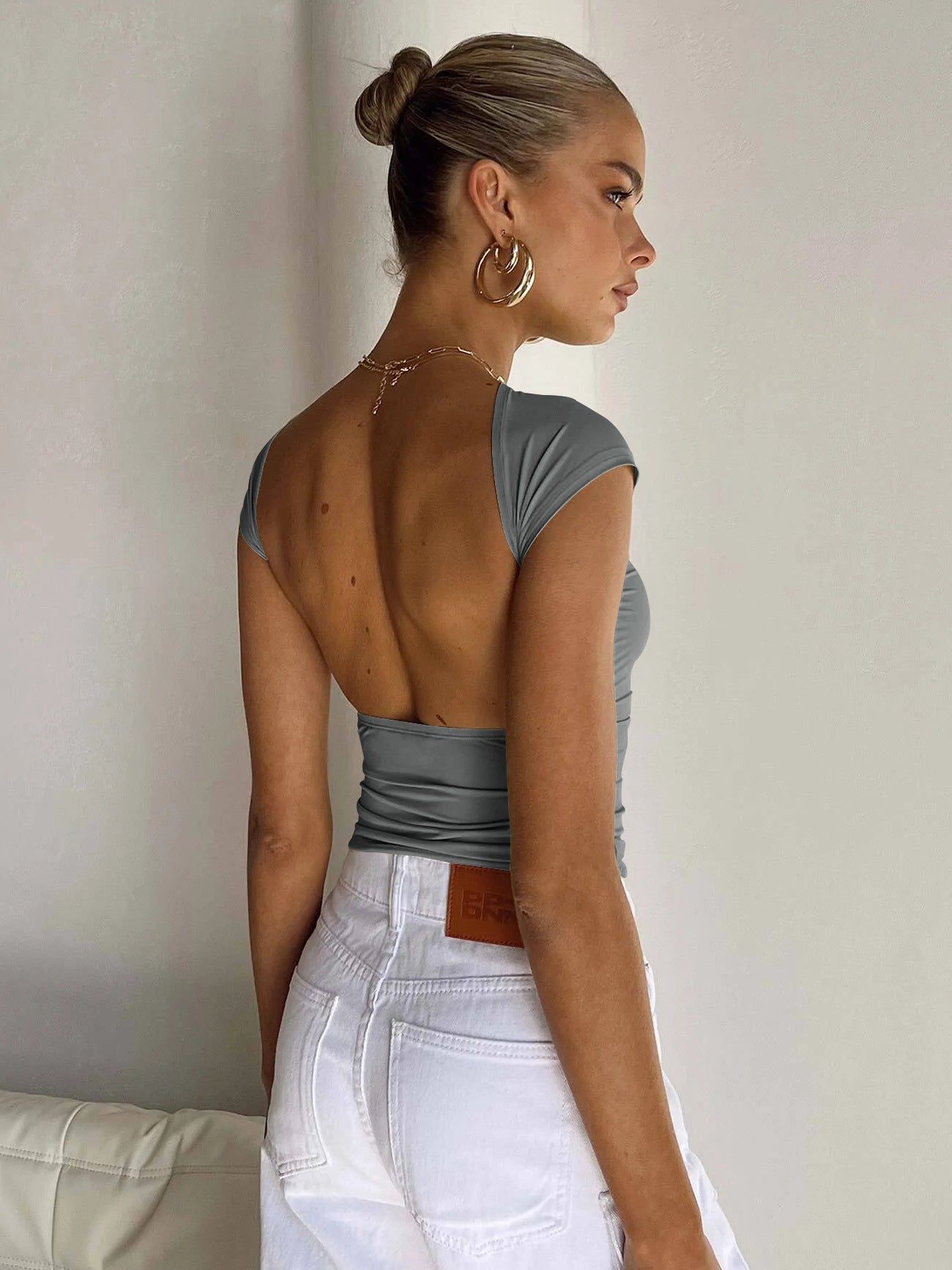 Dark Gray Sexy Backless Slim Breathable Short Sleeve Shirt