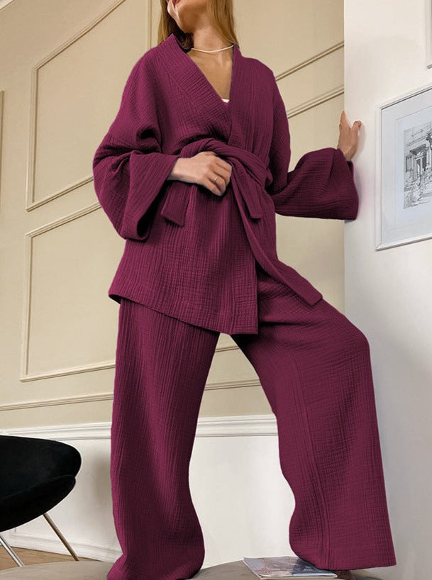 Solid Color Crepe Long-Sleeves Loose Trouser Two-Piece Suit