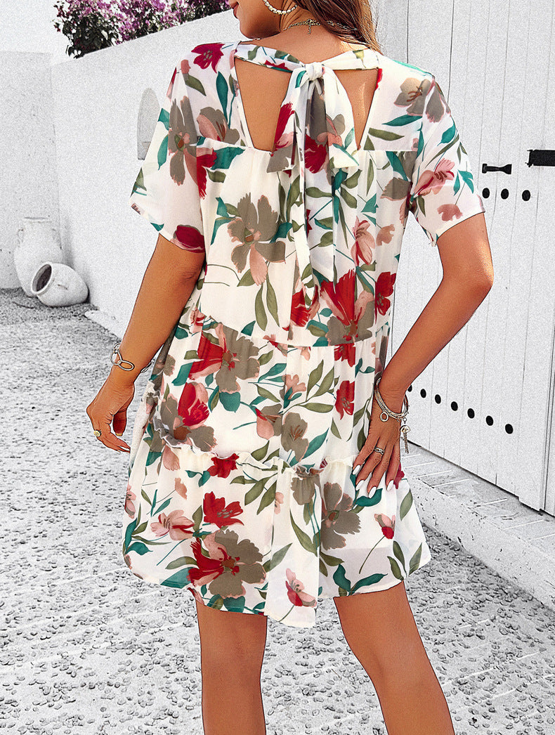 White Leisure Vacation Printed Short-Sleeved Dress