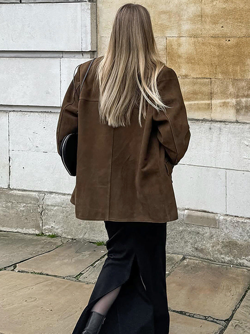 Casual  Brown Suede Blazer Jacket