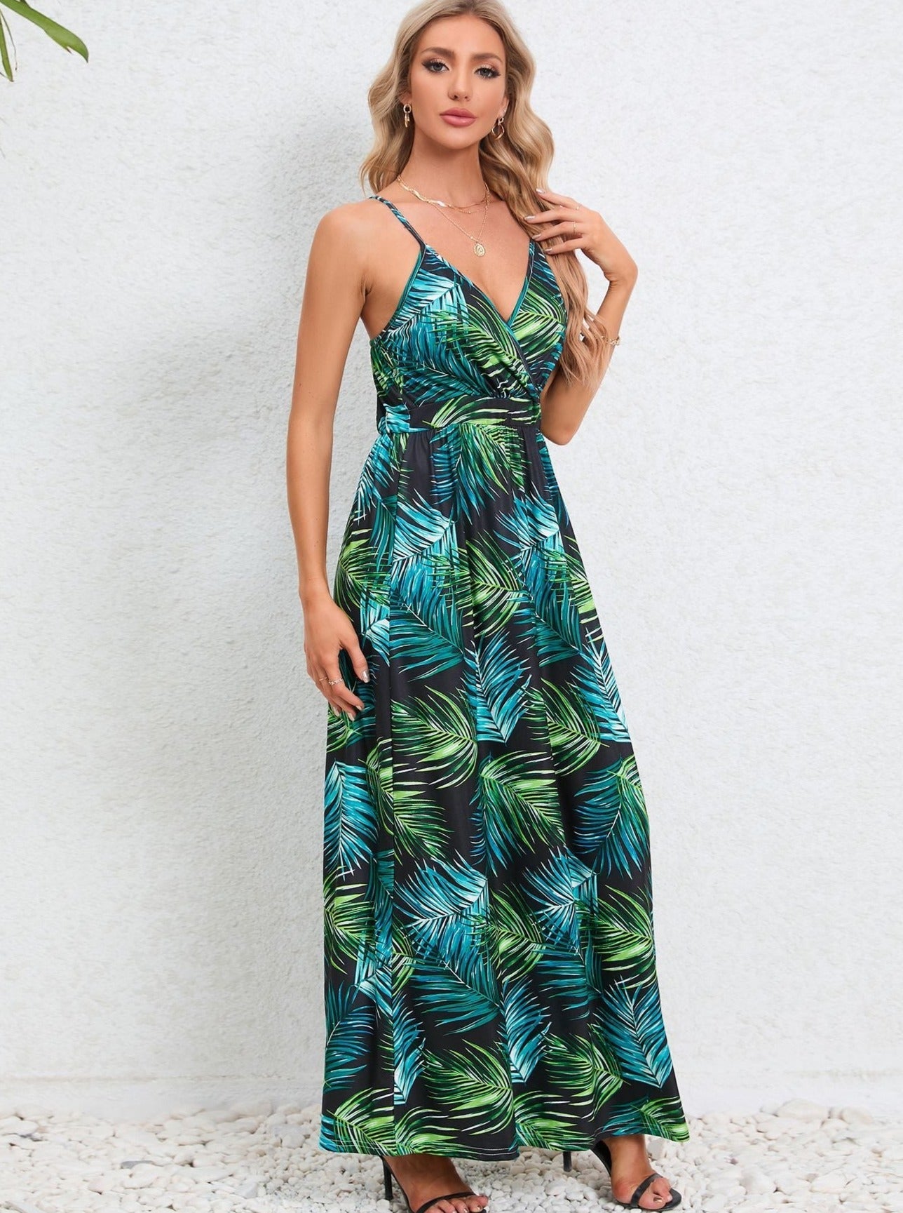 Green Tropical Printed Long Dress